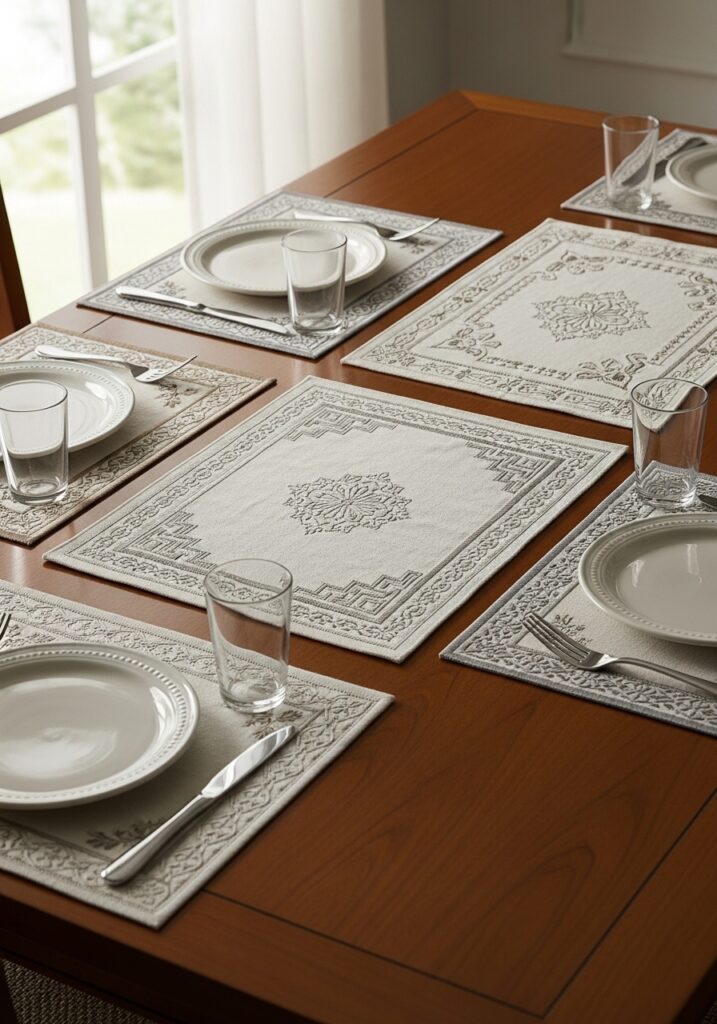 Embroidered table mats adding elegant dining decor