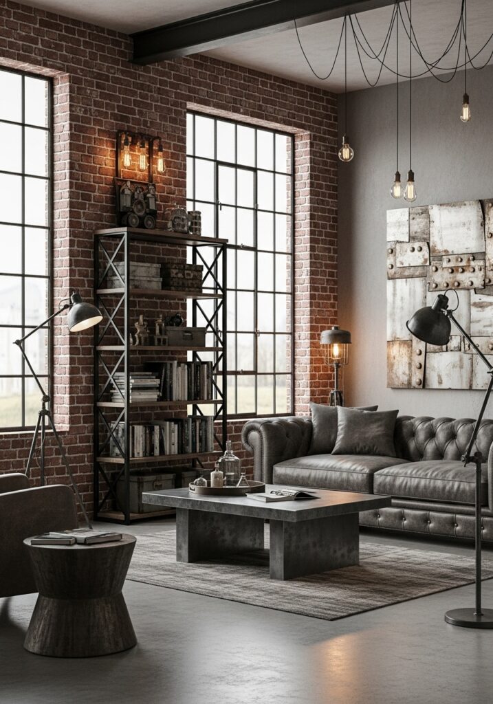  Industrial aesthetic room with exposed brick walls, metal furniture, and urban decor style