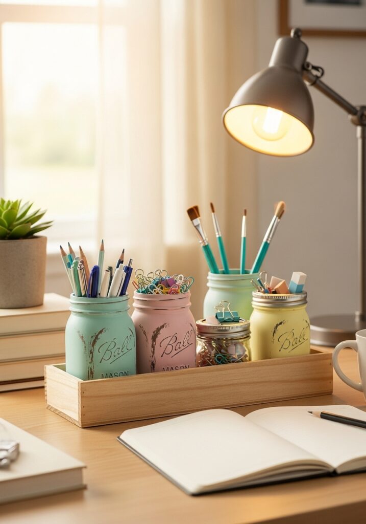 Painted mason jar organizer holding stationery and small items on a neat and cozy desk setup