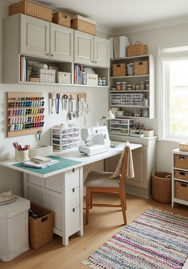 Small sewing room layout using vertical storage and space-saving furniture