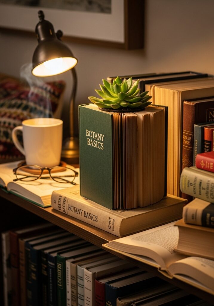 Upcycled book planter holding a small succulent on a cozy bookshelf