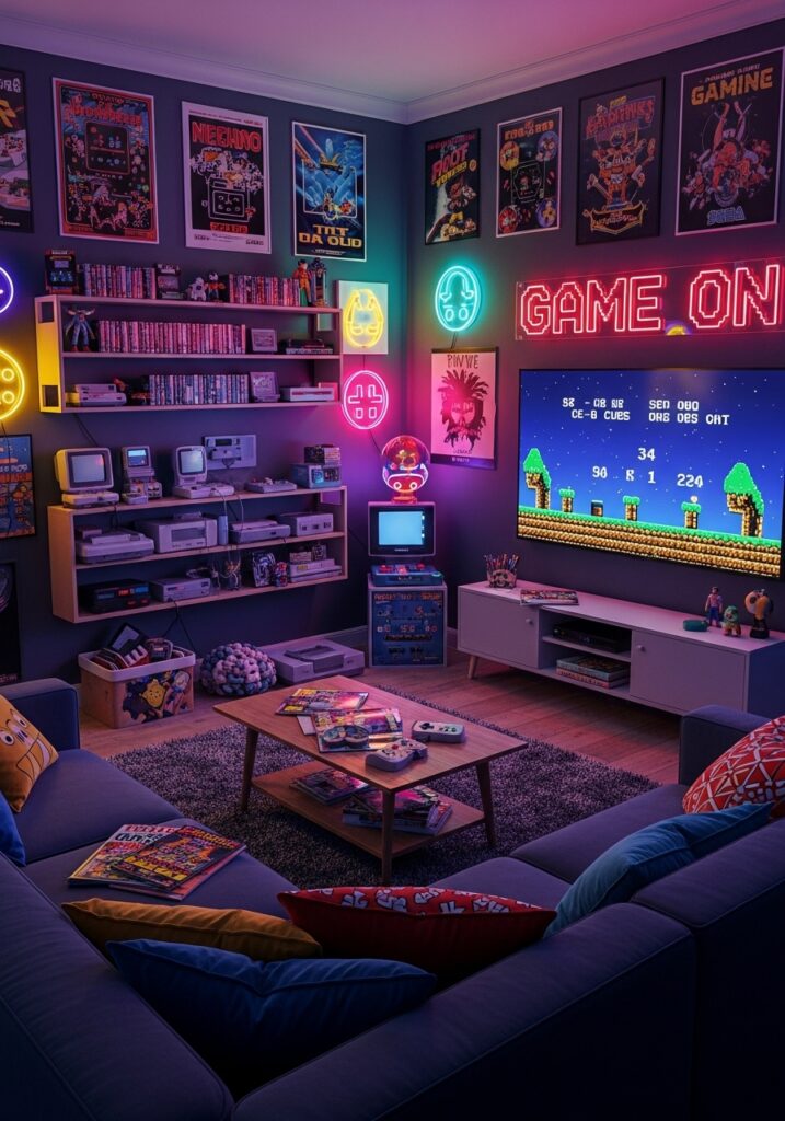 Retro gaming room with neon lights, gaming posters, cozy seating, and playful decor