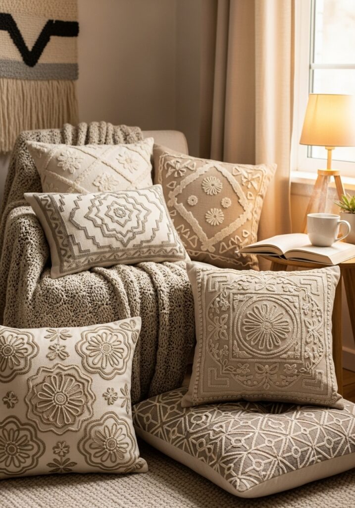 Embroidered cushions creating a cozy and inviting reading nook