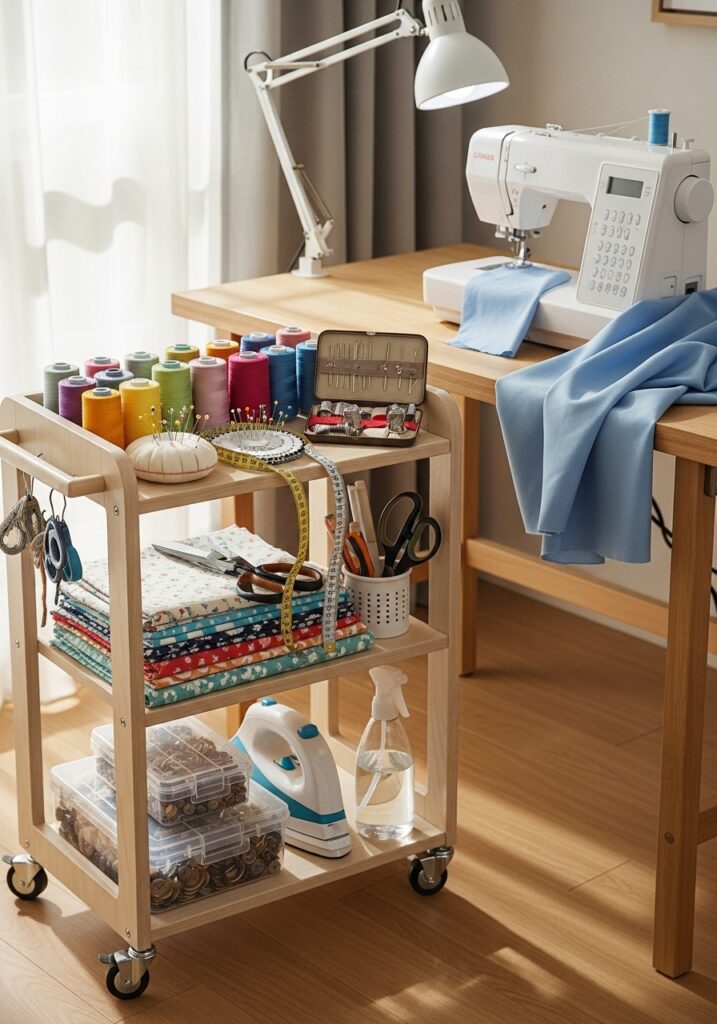  Rolling storage cart organizing sewing supplies