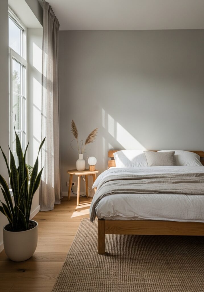 Japandi minimal bedroom with wooden furniture, neutral tones, and calming natural light