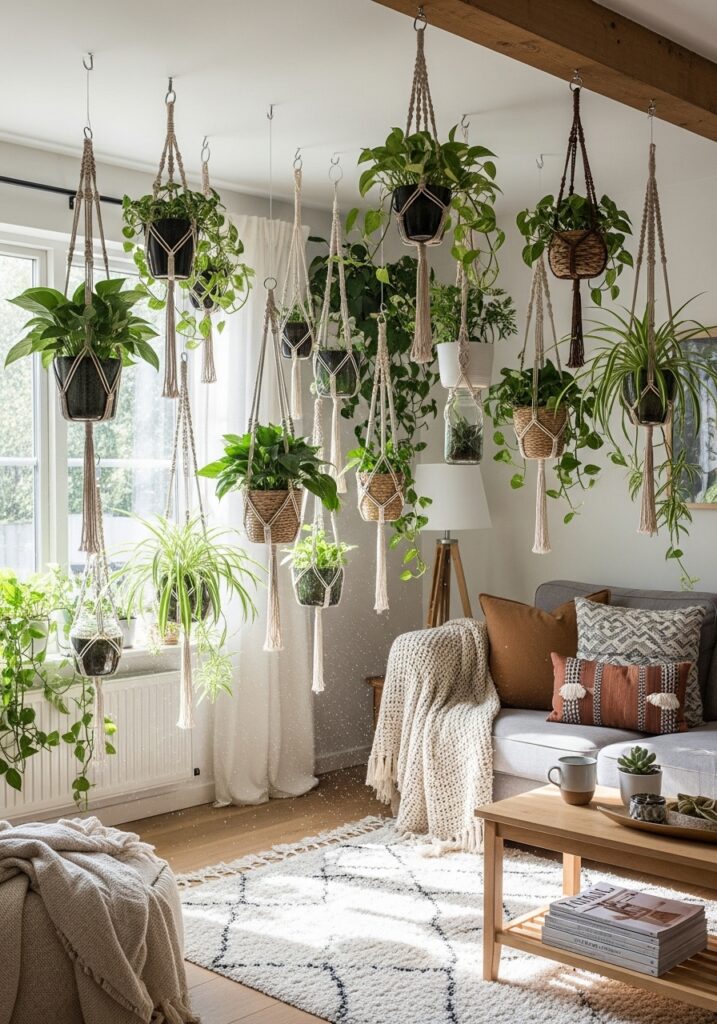DIY hanging planters with indoor plants adding greenery to a cozy interior
