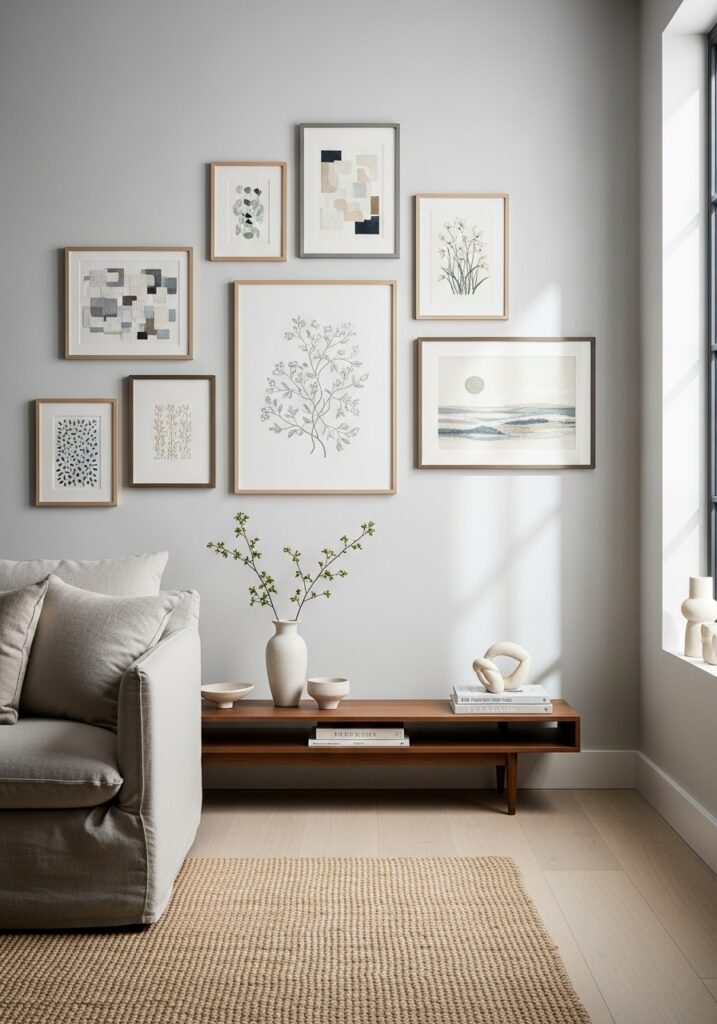 Gallery wall featuring framed embroidery artwork in a modern interior