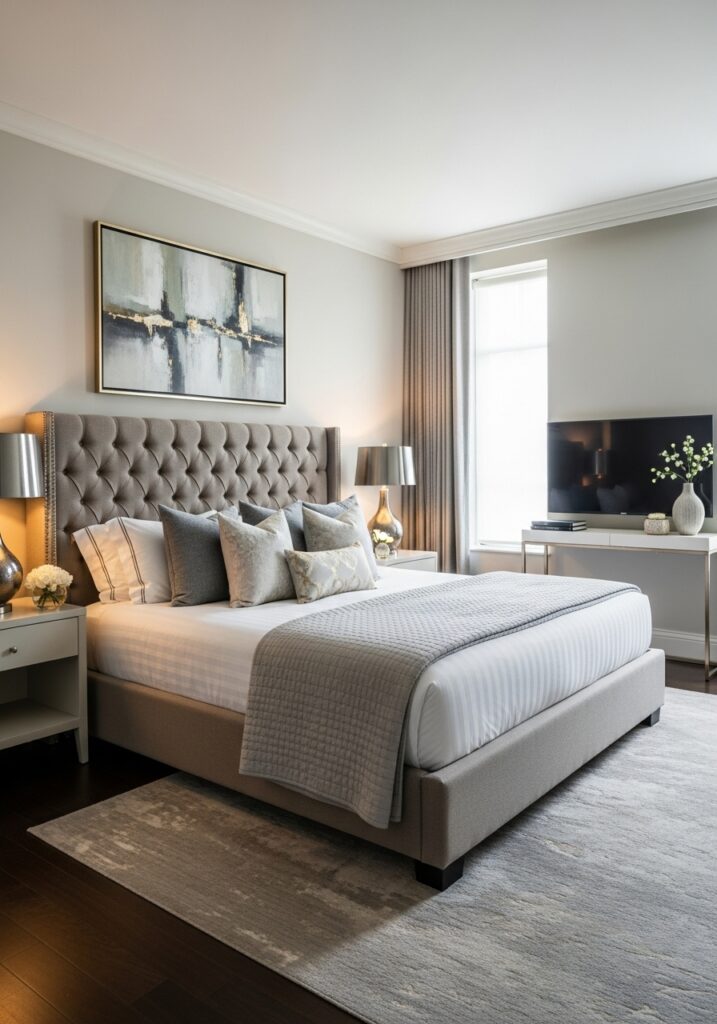 Luxurious hotel-style bedroom with elegant decor, high-quality bedding, and soft lighting
