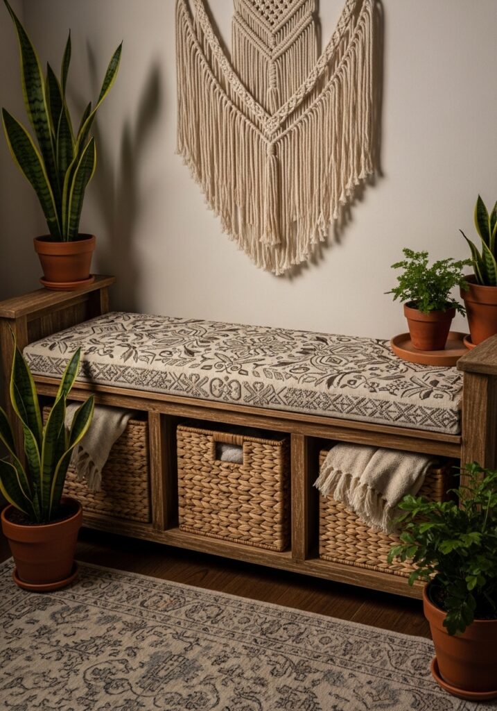 Embroidered bench cushion adding warmth and comfort to an entryway