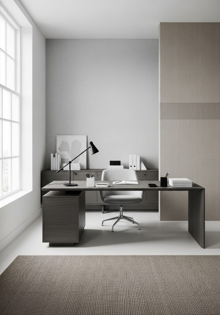 Monochrome home office with clean furniture, organized layout, and bright natural light