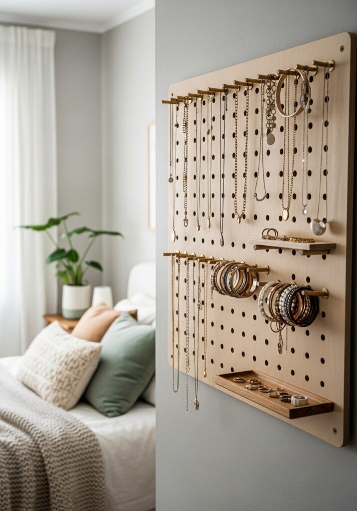 DIY pegboard jewelry organizer displaying necklaces and bracelets in a bedroom