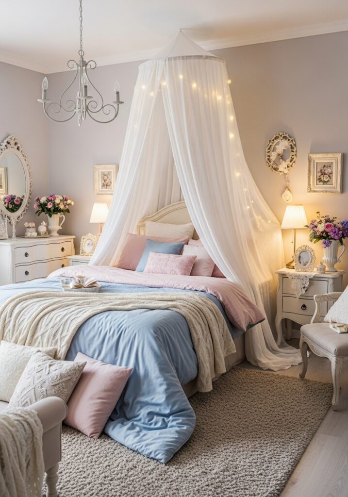 Romantic aesthetic bedroom with soft fabrics, pastel colors, and cozy ambient lighting
