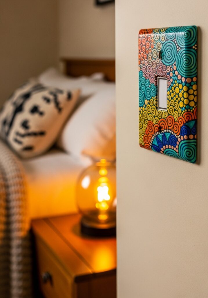 DIY painted light switch cover with colorful patterns in a creative bedroom