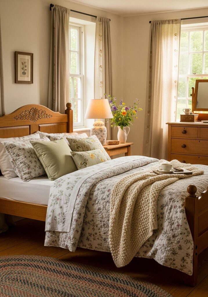 Cozy cottage bedroom with wooden furniture, floral patterns, and warm natural lighting