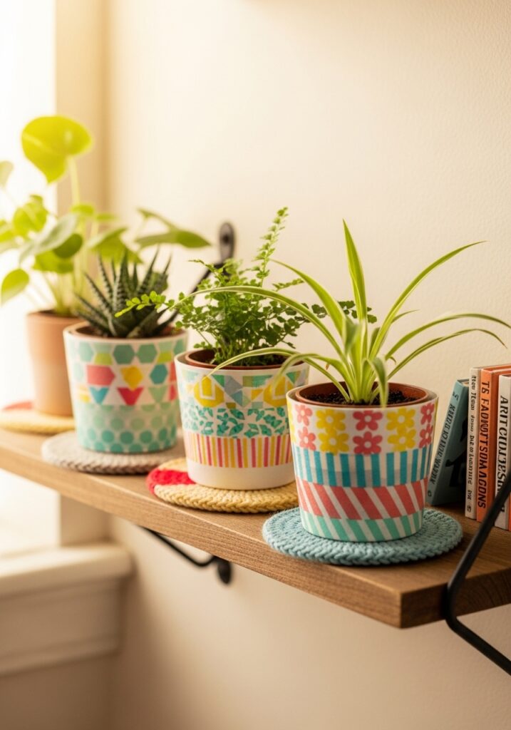 DIY plant pots decorated with washi tape displayed on a cozy shelf