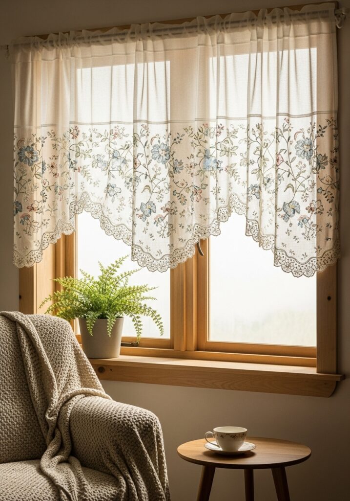 Embroidered window valance adding soft decorative detail to a window