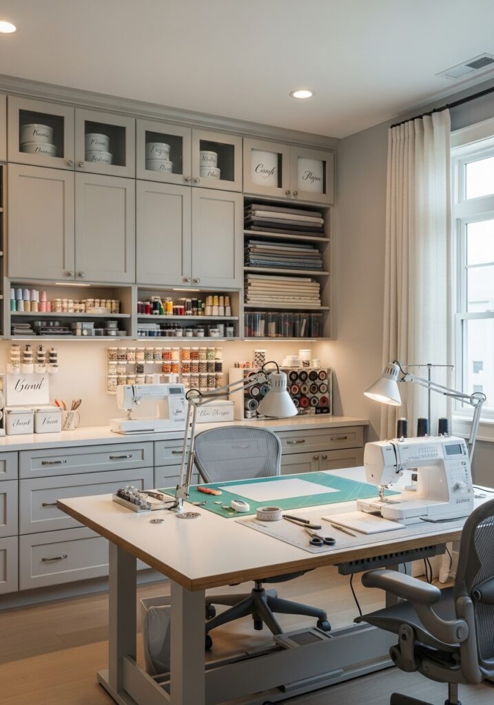  Built-in cabinets providing clean and organized storage in a sewing room
