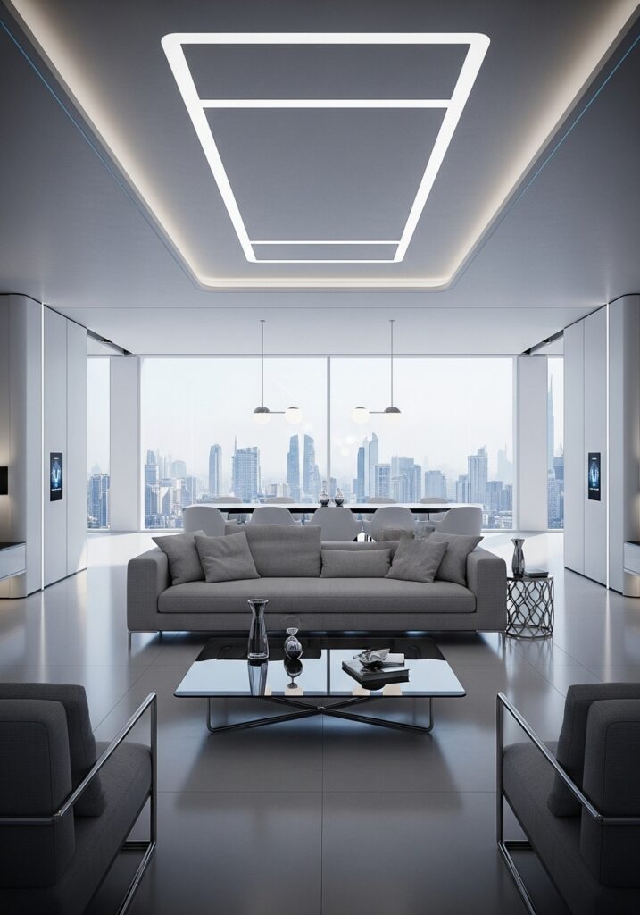 Futuristic living space with sleek furniture, smart lighting, and minimalist modern decor
