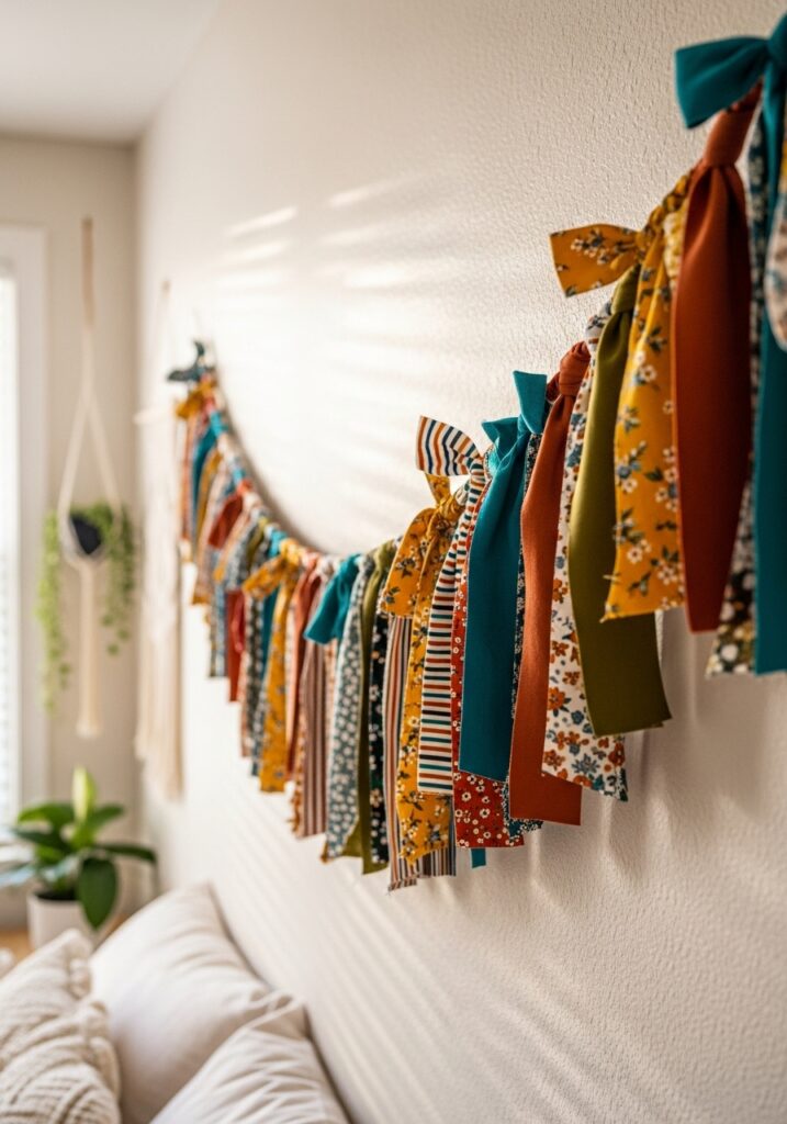 Colorful DIY fabric garland hanging across a boho-style bedroom wall