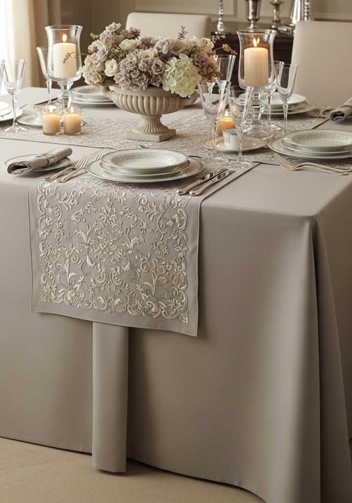 Tablecloth featuring an embroidered center panel on a dining table