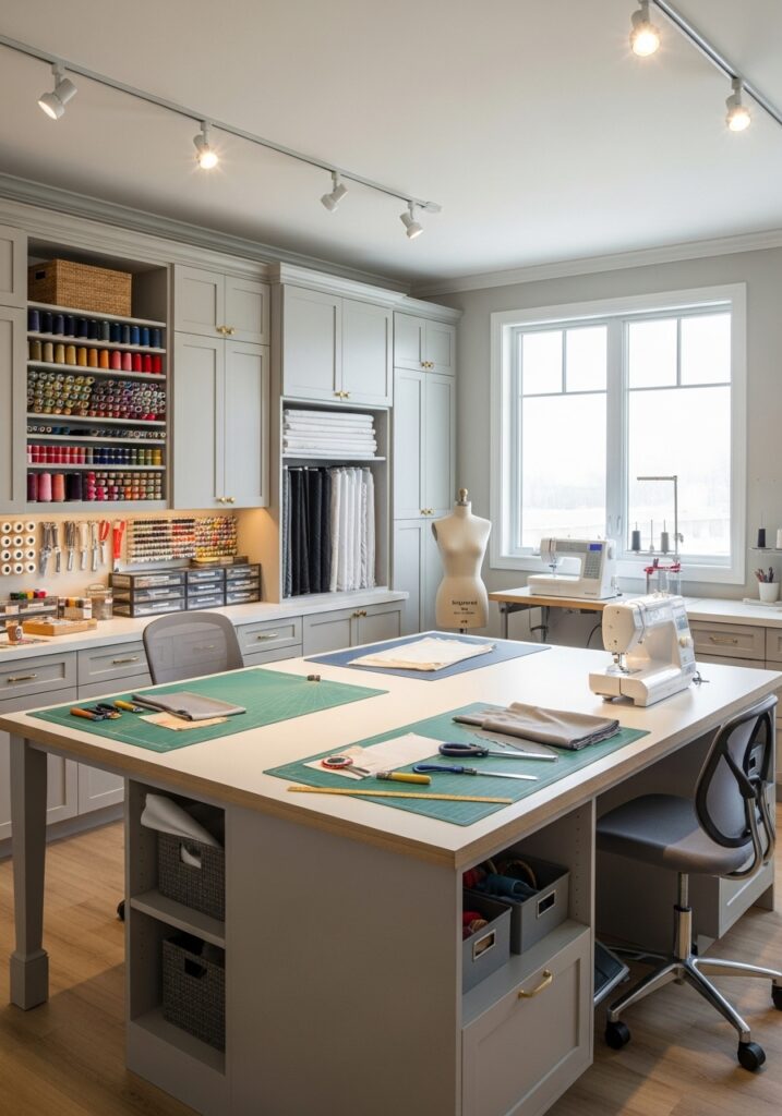  Central island worktable used for fabric cutting in sewing room