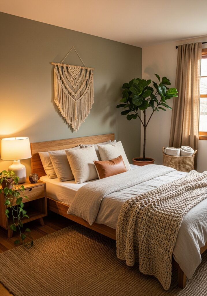 Earthy aesthetic bedroom with natural wood furniture, indoor plants, and warm lighting
