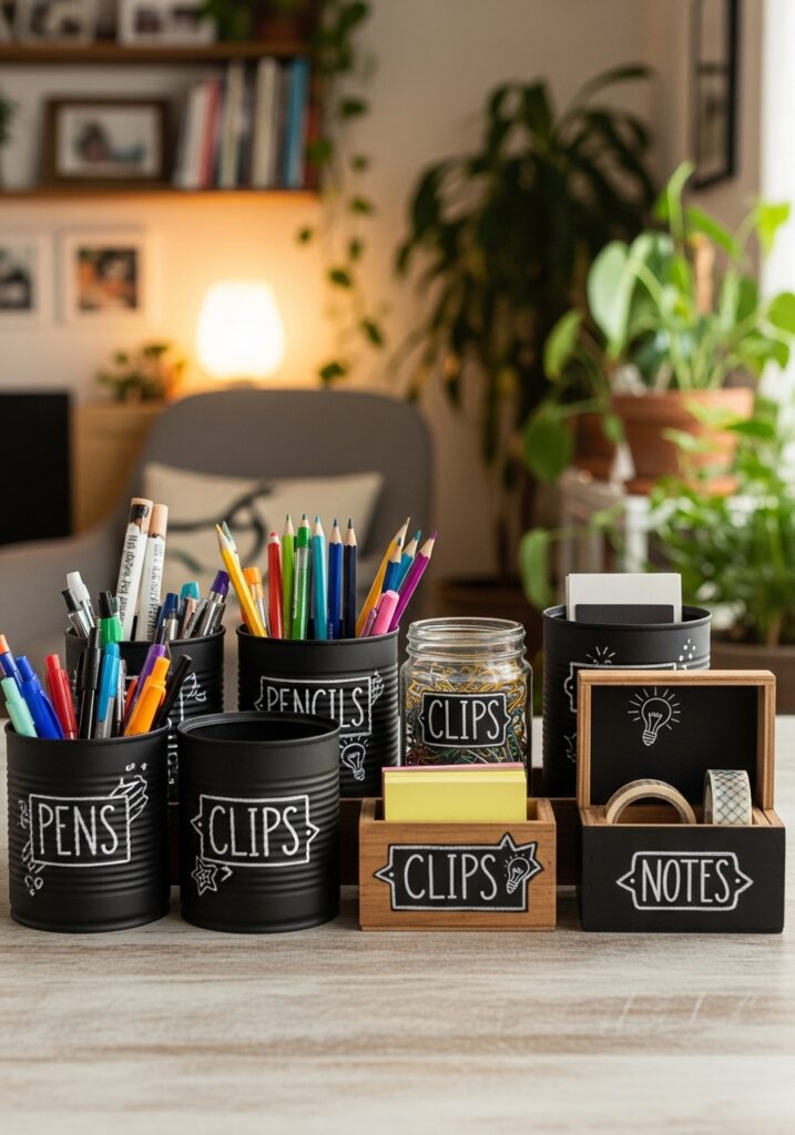 DIY chalkboard-painted desk containers labeled for stationery organization