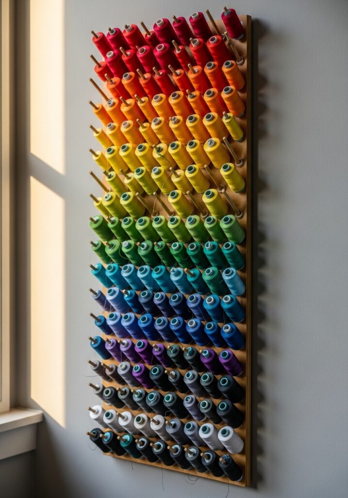  Vertical thread storage system organizing sewing threads efficiently