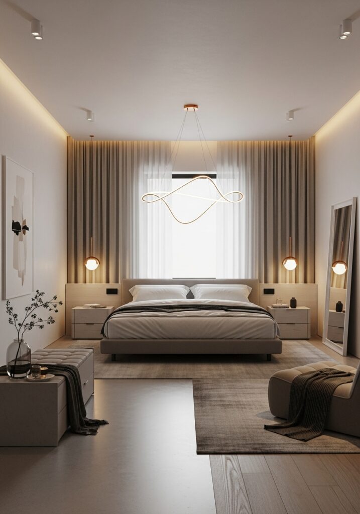 Luxury minimalist bedroom with sleek furniture, neutral palette, and elegant statement lighting
