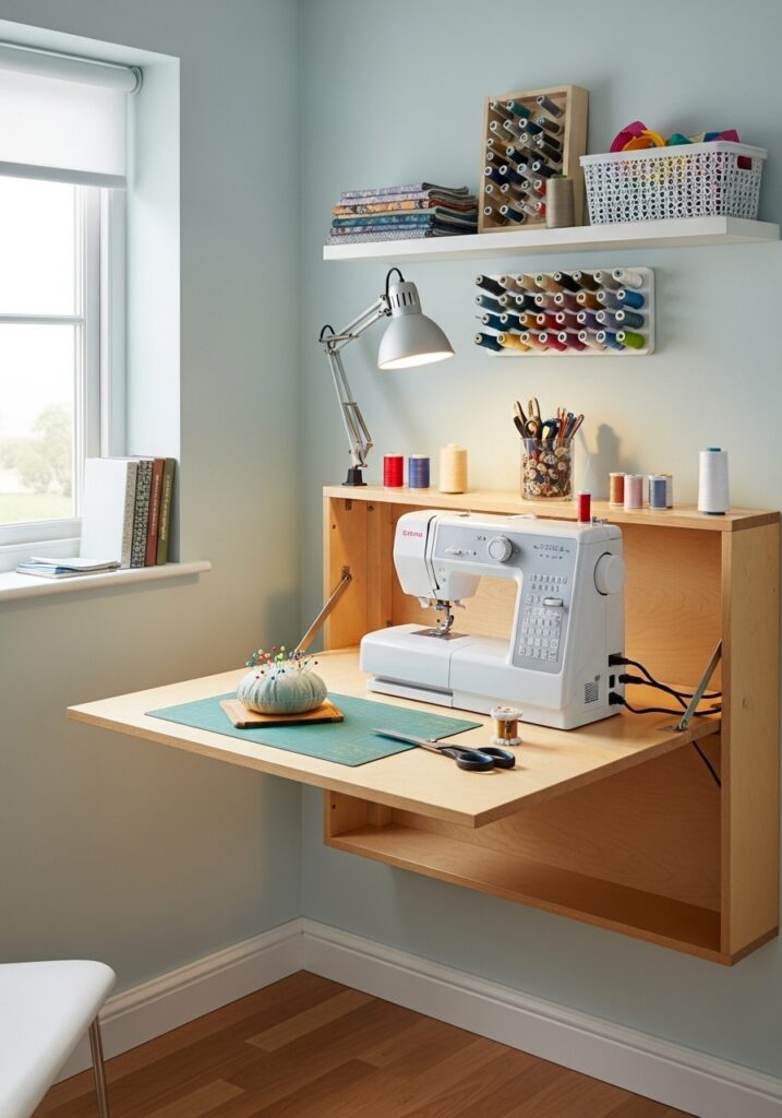  Fold-down sewing table providing space-saving functionality