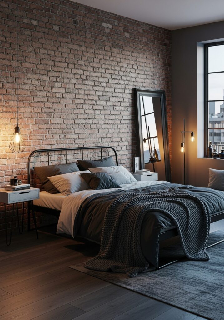 Industrial-chic bedroom with exposed brick, metal accents, and warm cozy textiles
