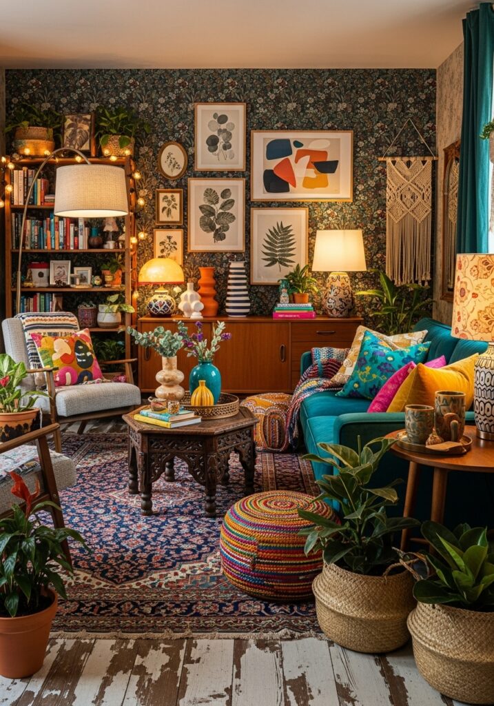  Eclectic aesthetic room with mixed patterns, vibrant colors, and unique artistic decor