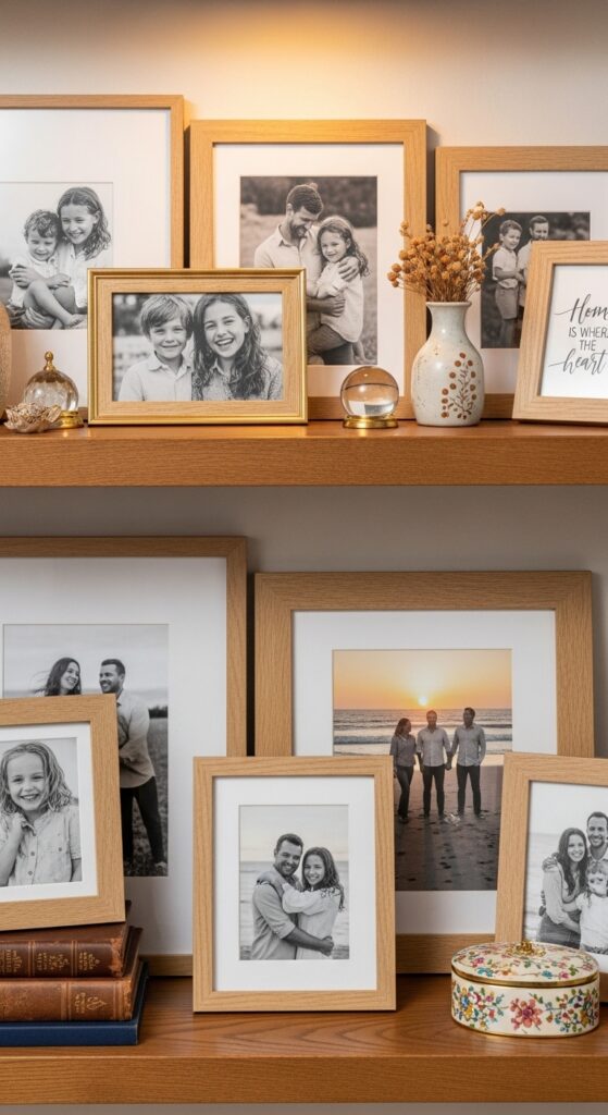 Family photos in coordinating frames styled on shelf with decorative objects