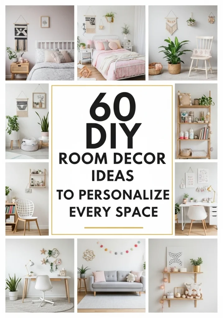 DIY room decor ideas collage showing cozy bedrooms, teen rooms, minimalist living spaces, home offices, and handmade decorative elements for personalized interiors