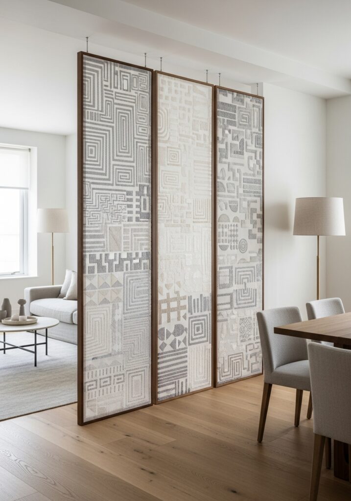Embroidered fabric room divider softly separating living spaces