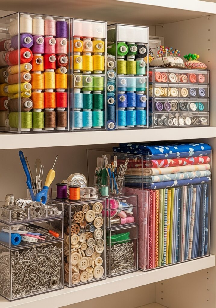  Clear storage containers used for sewing supply organization