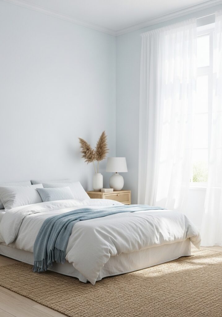 Coastal minimal bedroom with soft blue and white tones, airy fabrics, and natural light
