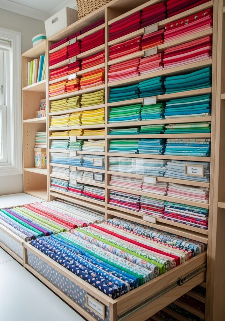  Fabric drawer system organizing textiles in a sewing room