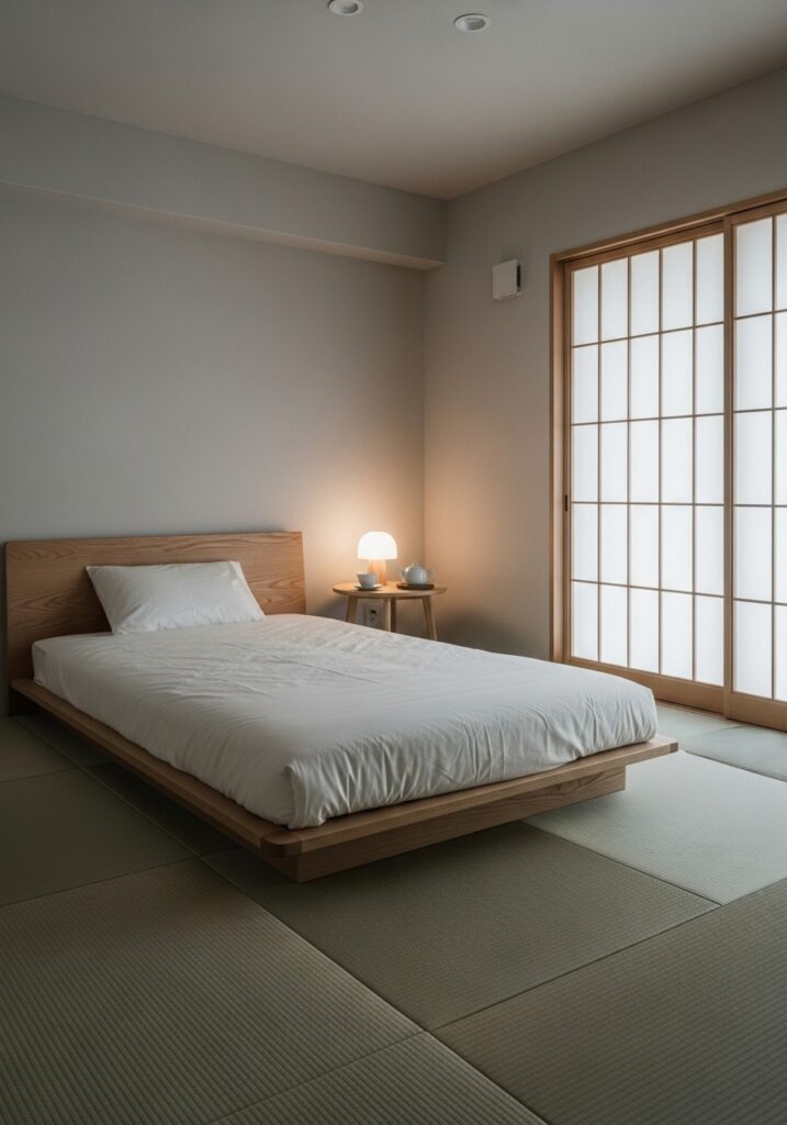 Japanese minimalist bedroom with low-profile furniture, tatami mats, and serene lighting
