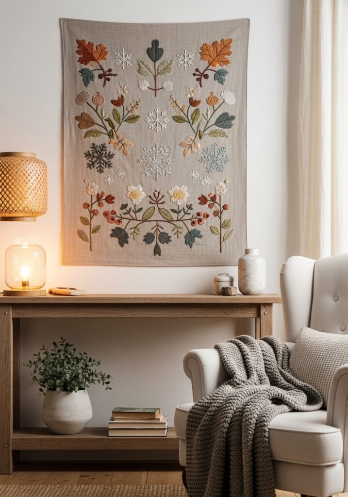 Seasonal embroidered wall decor adding subtle festive charm