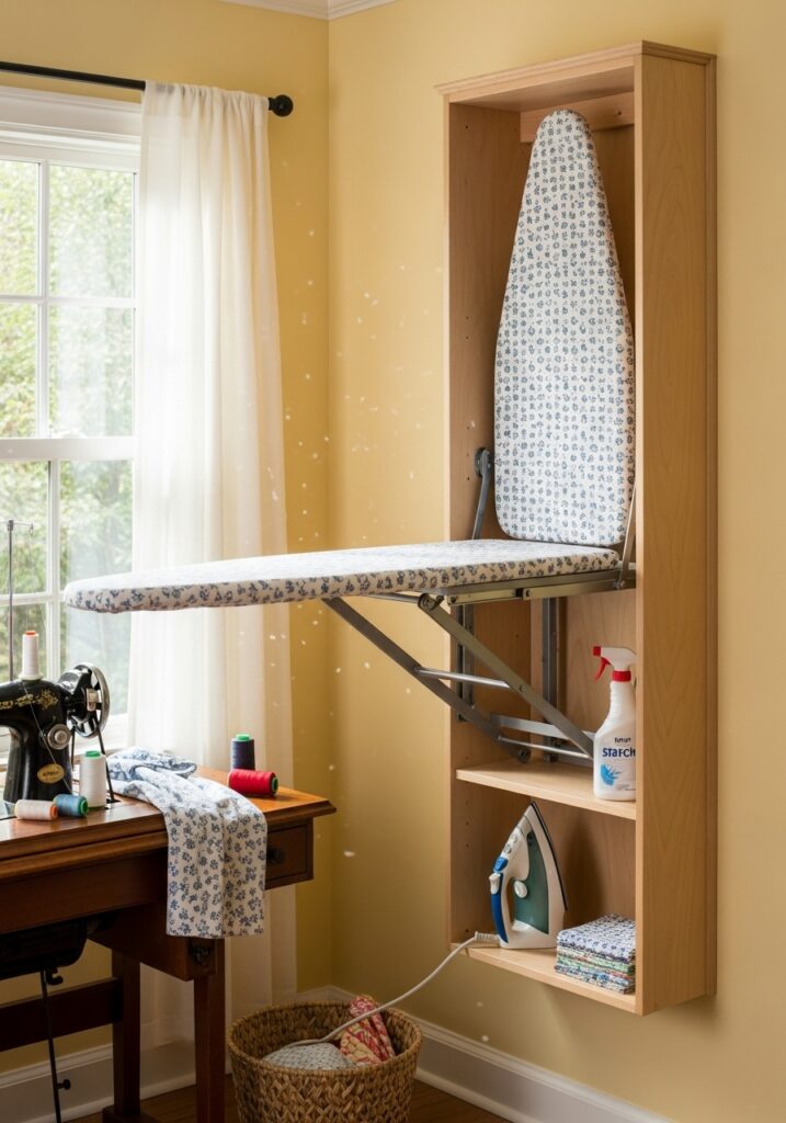 Wall-mounted ironing station integrated into sewing room