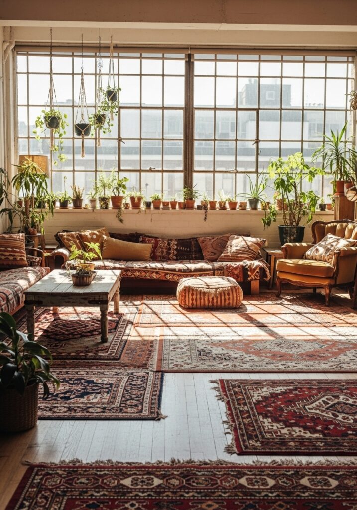 Cozy boho loft with layered rugs, eclectic furniture, indoor plants, and bright sunlight