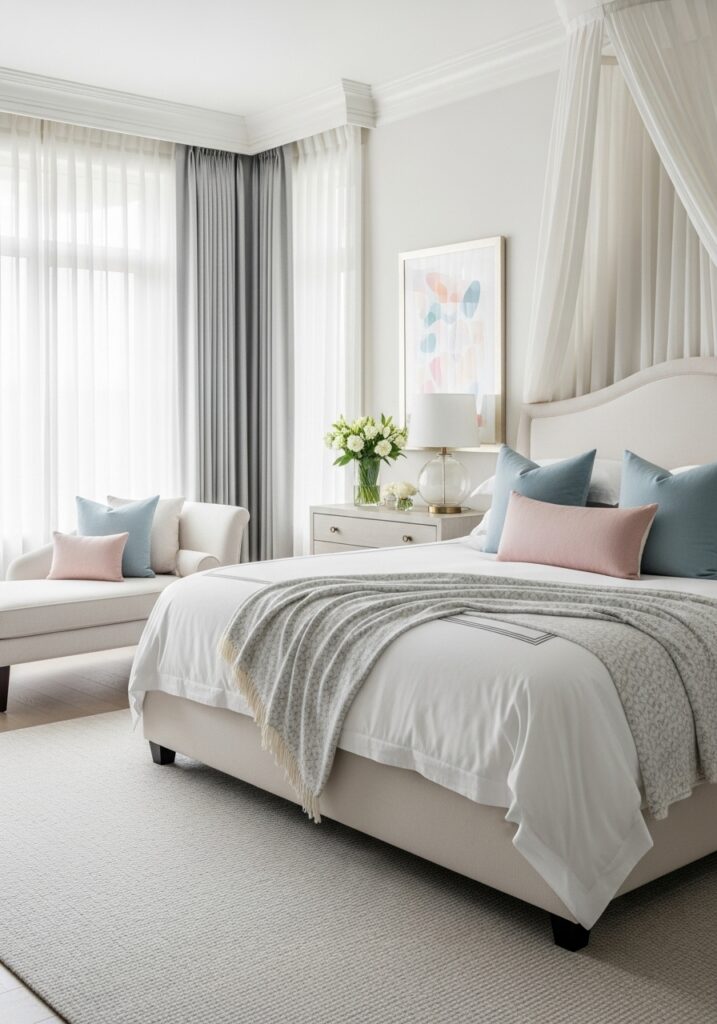 Luxe hotel-inspired summer bedroom with light fabrics, pastel accents, and elegant airy decor
