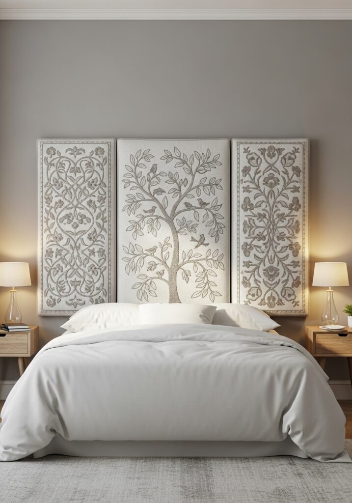 Embroidered textile headboard panels enhancing bedroom design