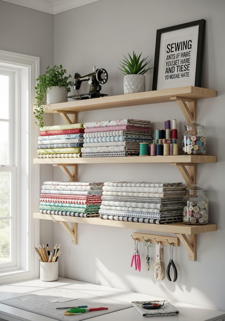  Floating shelves providing light storage in sewing room
