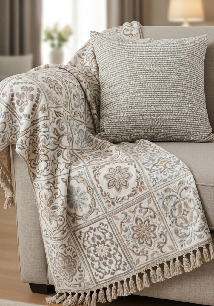 Embroidered throw blanket adding warmth to living room seating