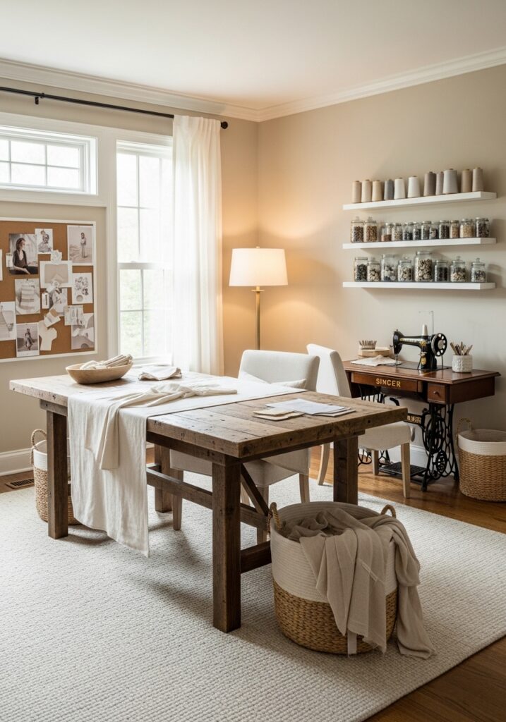  Neutral color palette creating calm sewing room environment