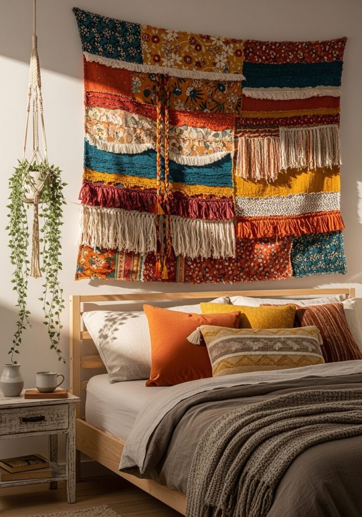 DIY fabric wall tapestry hanging above a bed in a boho bedroom