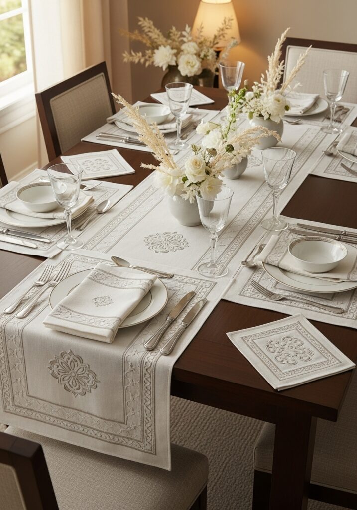 Embroidered textile accents enhancing dining table decor