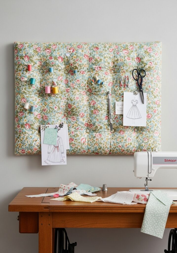  Upholstered pin board used for pattern planning in sewing room